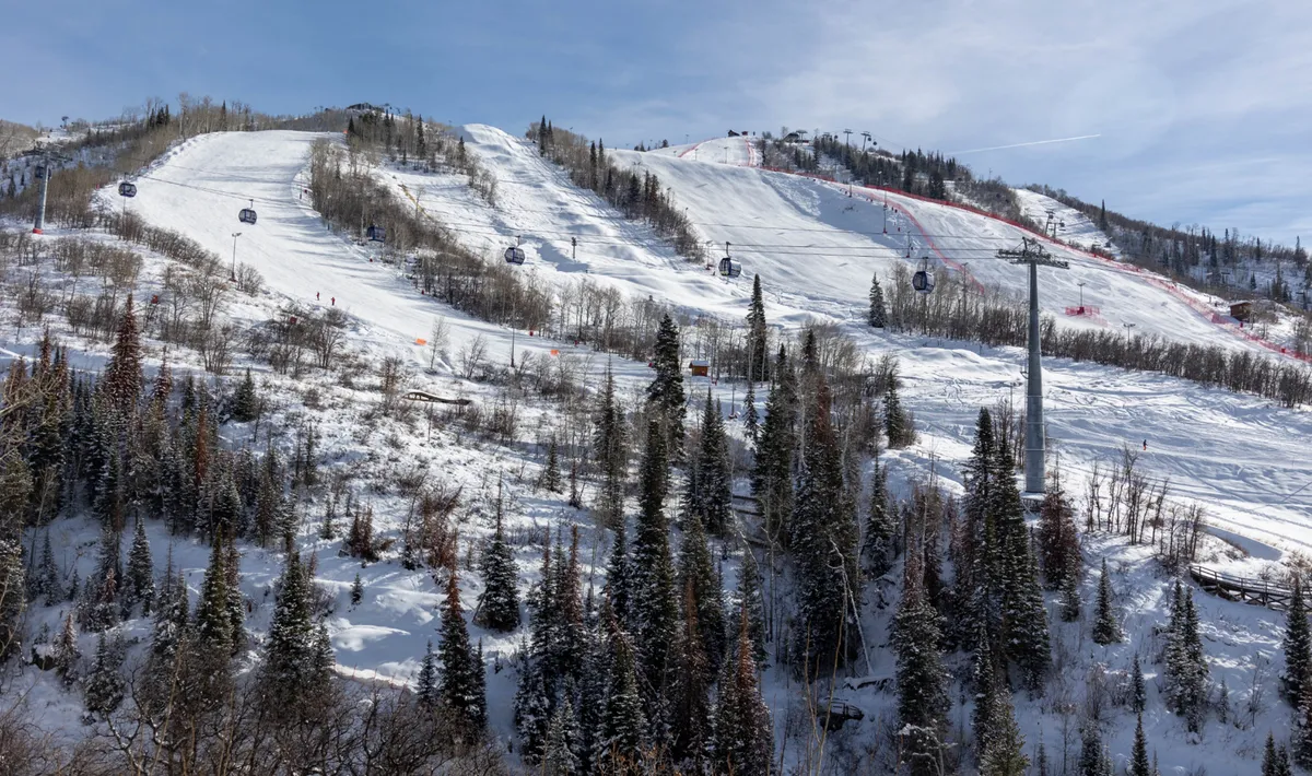 A sweeping view of snow-covered slopes with ski lifts and pine trees under a clear blue sky. The scene captures skiers and snowboarders making their way down the trails, evoking a sense of excitement and adventure in a quintessential winter sports setting.