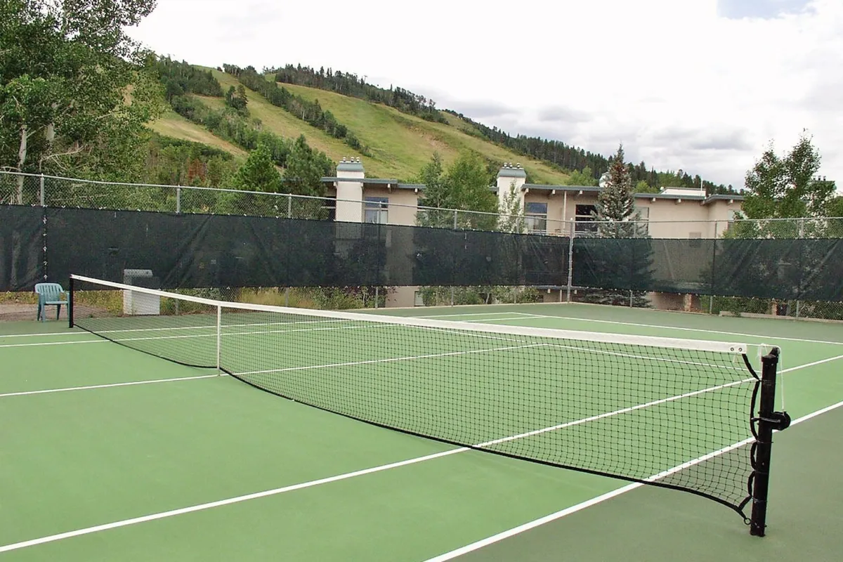 An exterior view of the tennis court framed by a mountain vista and surrounded by trees. The court is clearly maintained and ready for active use, with a net set up and open space for play or social gatherings.